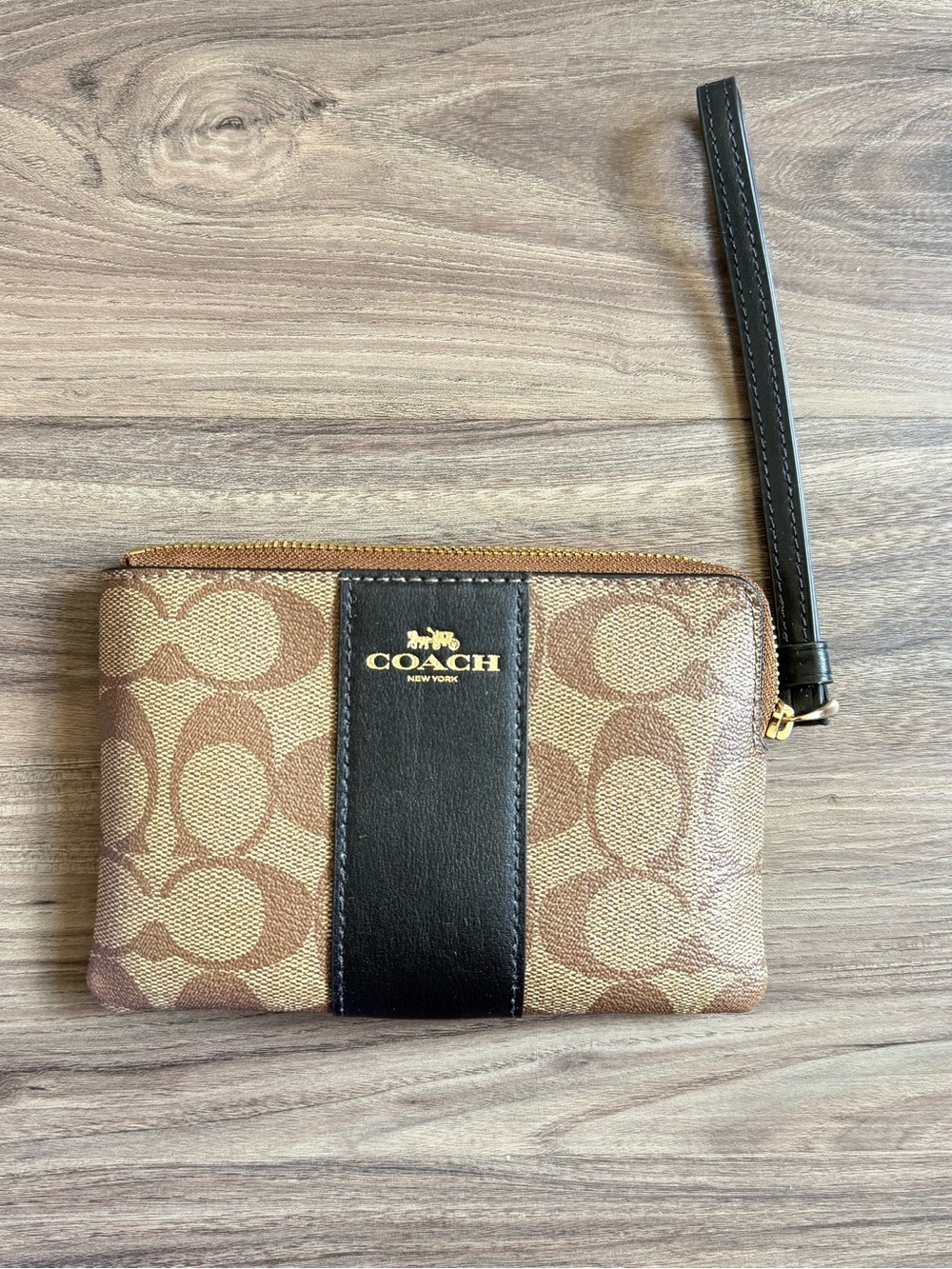 Coach Brown Signature Canvas Wristlet with Black Leather Accent